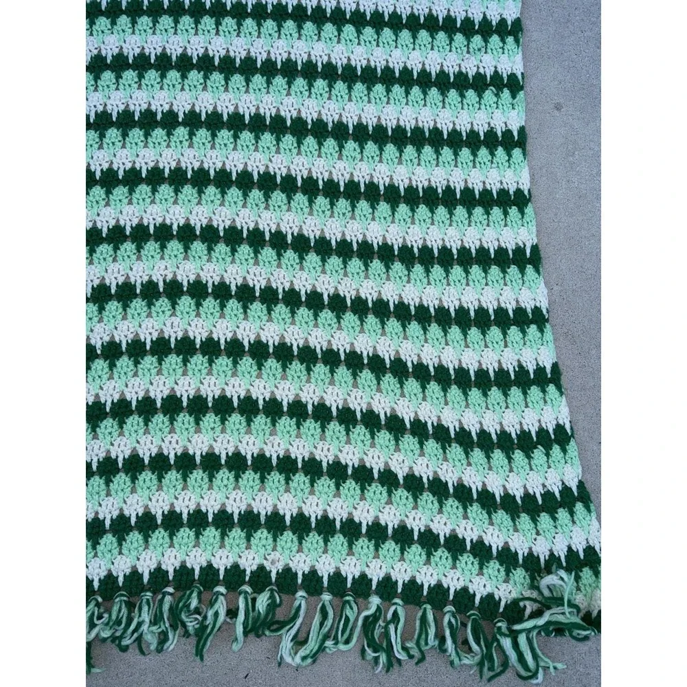 Vintage Handmade Crochet Afghan Throw Blanket Green White Striped Fringe 75x38